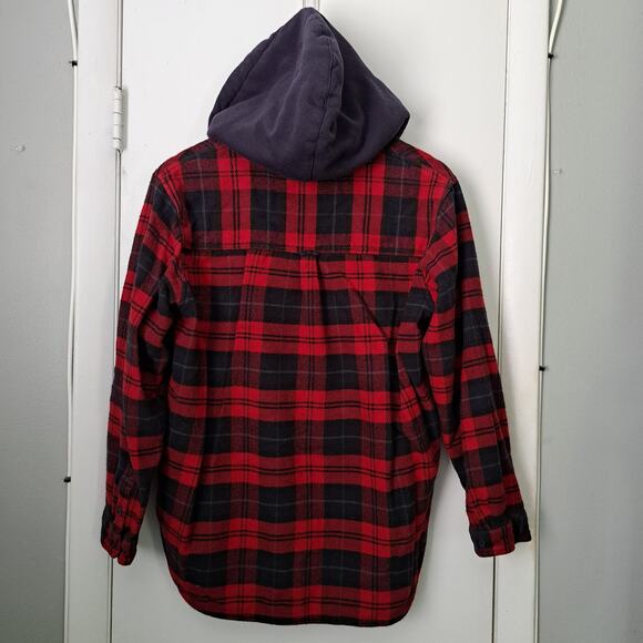 American Eagle Oversized Plaid Flannel Red/Navy Button Cabin Hoodie Women's Med - Picture 2 of 5
